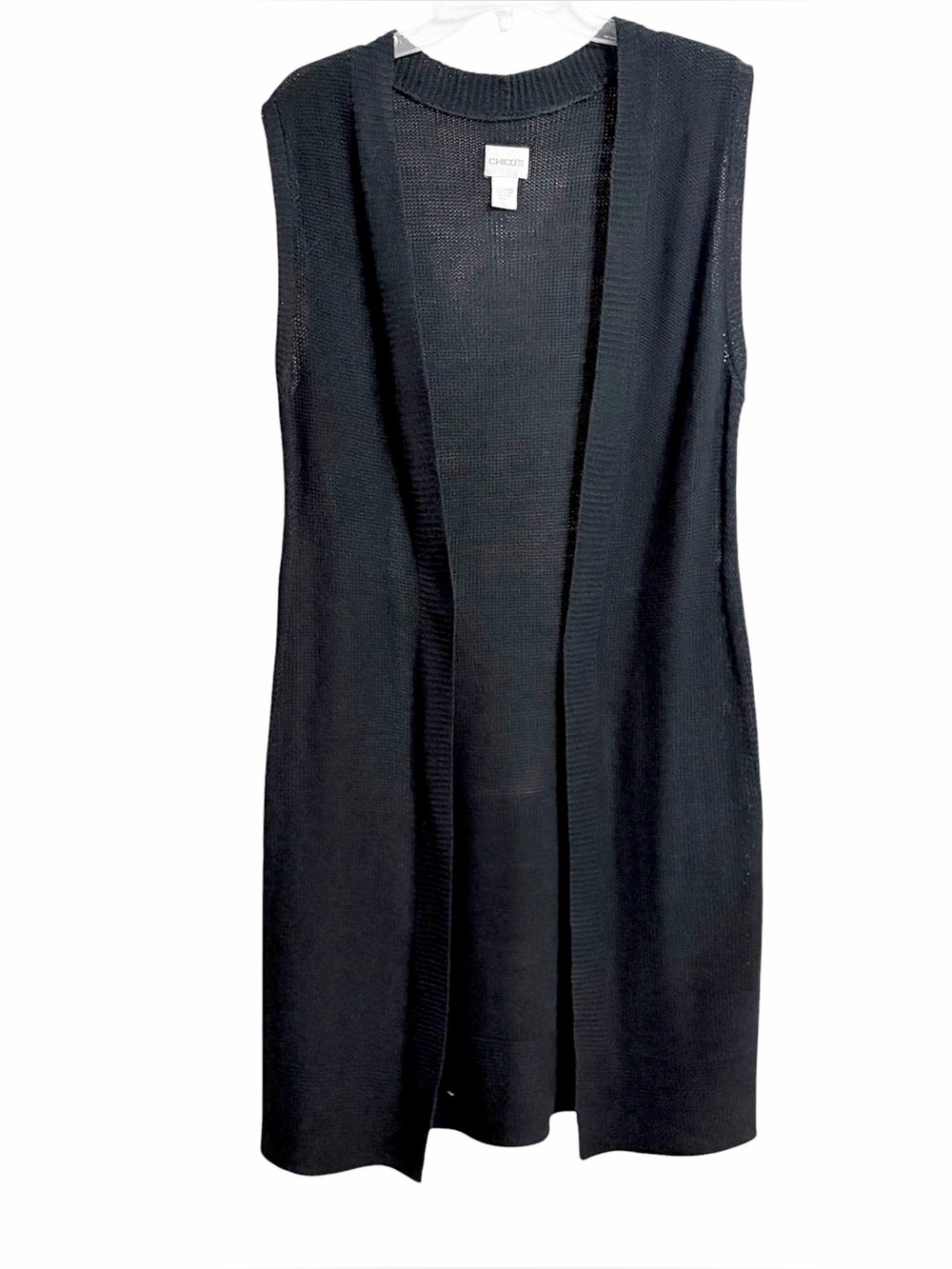 Chico’s Minimalist Knit Duster Cardigan Womens M Black Open Front Capsule Staple